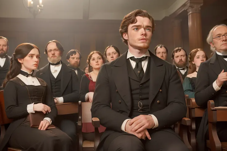 year: 1862. Location: Cincinnati. Pre-Raphaelite (((44-year-old Richard Madden))), ((overweigth)), grey hair, doctor, seated in a university amphitheater classroom full of people, ((worried look)), ((((Clothing from the 1860s)))) ((Hairstyle of the 1860s))...