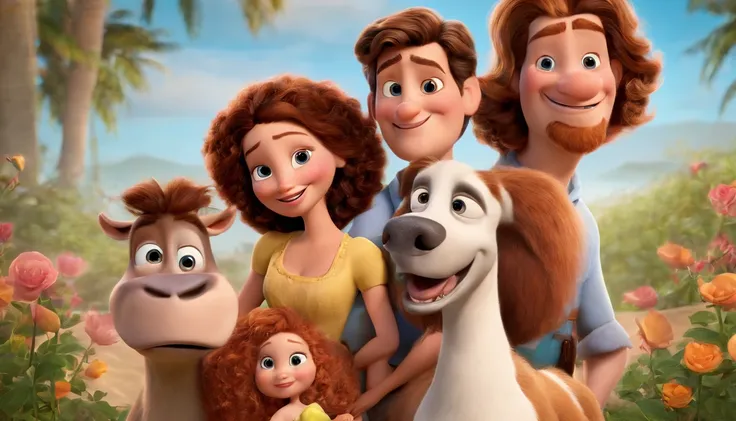 a Disney Pixar movie poster showing a white-skinned family. The father is the tallest, Tem barba curta, loiro, cabelos curtos e espinhosos. The mother has brown eyes and hair, shoulder-length and is slightly overweight. A menina tem 4 anos e cabelos castan...