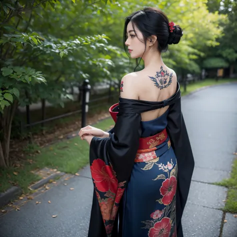 Masterpiece, Top quality, Best quality, offcial art, Beautiful and aesthetic:1.2),1girll, tattoo, Solo, Japanese clothes, red and black kimono, hair adornments, unsheathed, Black hair, scabbard, Back tattoo, Dragon tattoo, Blue eyes, cropped shoulders, Bar...