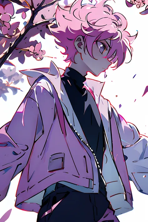 1boy, killua_zoldyck, solo, focus, teen, walking, looking down, worried, pink jacket, white shirt, shorts, upper body, from side...