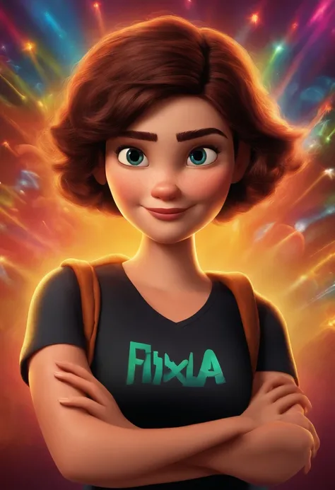 filme Marketing 2023 estilo filmes Pixar, Com nome "N - Marketing", poster, With short, lighter brunette hair and a black t-shirt in front of her crossed arms.