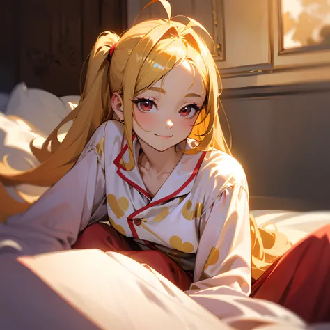 18-year-old girl sitting on bed, wearing pajama、Golden hair、poneyTail、Ahoge、big round red eyes、A slight smil、Laugh、small tits、Realistic painting in every detail, The soft texture of pajamas、delicate detail、facial close-up