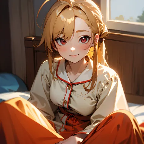 18-year-old girl sitting on bed, wearing pajama、Golden hair、poneyTail、Ahoge、big round red eyes、A slight smil、Laugh、small tits、Realistic painting in every detail, The soft texture of pajamas、delicate detail、facial close-up