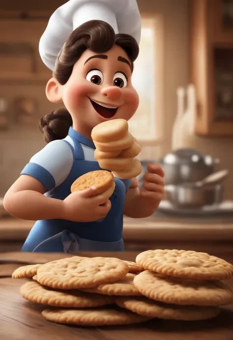 Create a Disney Pixar Poster.  Uma mulher chef de cozinha, com cabelos cor castanho claro na altura do ombro, com sorriso feliz, olhos castanhos pequenos. Ela usa brincos pequenos. Ela esta fazendo biscoitos em uma confeitaria. Ela usa um vestido preto com...