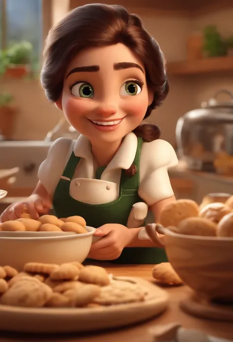 Create a Disney Pixar Poster.  Uma mulher chef de cozinha, com cabelos cor castanho claro na altura do ombro, com sorriso feliz, olhos castanhos pequenos. Ela usa brincos pequenos. Ela esta fazendo biscoitos em uma confeitaria. Ela usa um vestido preto com...