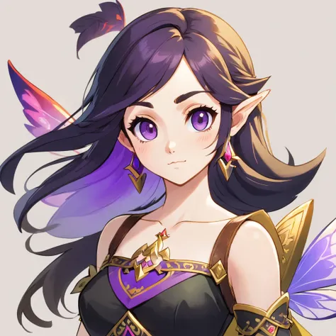 full body, person for the zelda game, black long hair to the feet with purple roots, purple shining eyes and long eye lashes, pale skin, Zelda fairy wings, butterfly make up, a short black-brown-purple dress with weapons and bags, brown leather boots, long...