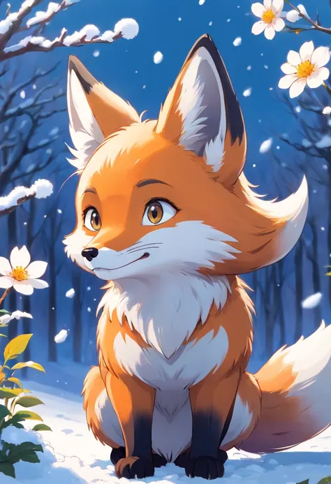 Cute fox with round eyes, Snow flies、Flowers that bloom in the winter season