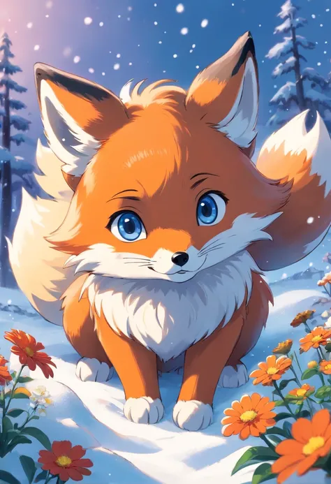 Cute fox with round eyes, Snow flies、Flowers that bloom in the winter season