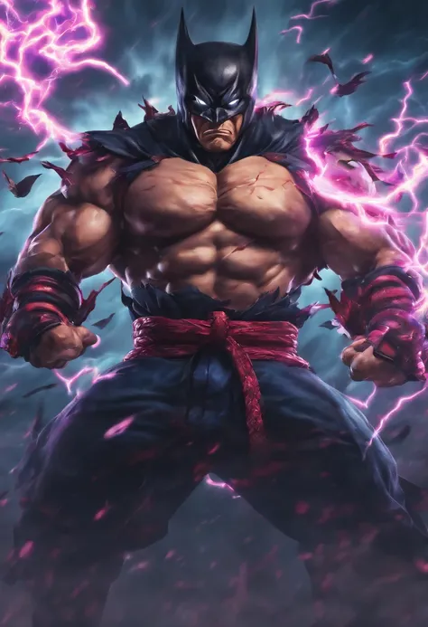 Realistic 3D rendering of fused Samurai Batman, Surrounded by lightning, Fat Muscular, Photographie du corps entier, Hyperrealistic