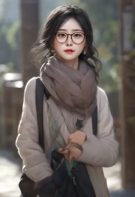 wears glasses、Shawl、Middle-aged female doctor carrying a school bag、Black hair，Sweaters，chineseidol