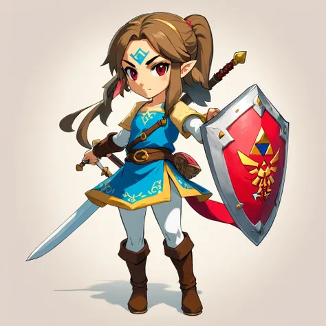 Full body, character for the legend of Zelda games, a Sheika ninja, brown hair in a pigtail, red eyes, katanas on her back