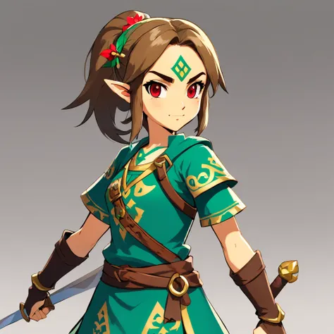 Full body, character for the legend of Zelda games, a Sheika ninja, brown hair in a pigtail, red eyes, katanas on her back