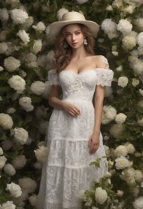 (masterpiece, best quality:1.6), white lace dress, cowboy shot, thighs, beautiful girl, (flowers, many small white petals:1.3), garden, blue sky, looking at viewer, small waist, official art, raw photo, incredibly absurdres, facelight, dynamic lighting, ci...