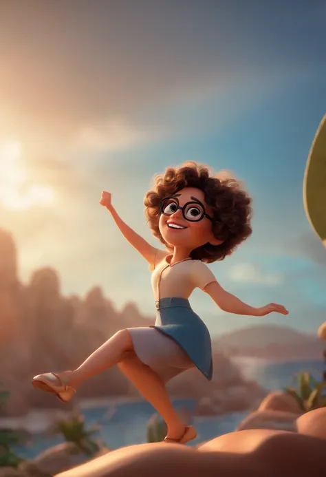 Pixar style image with white glasses 3D character brunette woman short curly hair dancing, Maquillaje de Disney,Pescador, Bonito, sonriente ,primer plano, Pixar, Disney, cinema lighting,