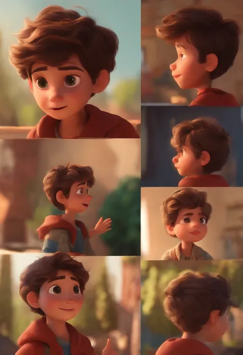 Image of a boy for a story in a YouTube video in Pixar format, Hes the little allabester, Hes the class leader, Hes outgoing, Playful and gets up for a lot of things, cabelo curto