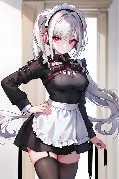 1girll, White hair, Maid dressed in black stockings, underdressing,red eyes