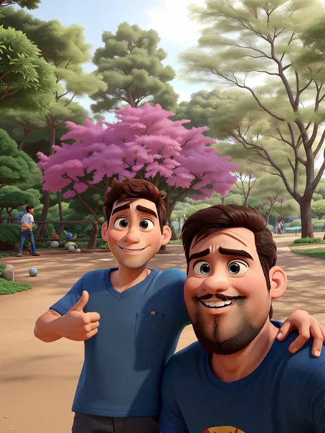 Pai com seu filho, no parque estilo pixar, alta qualidade