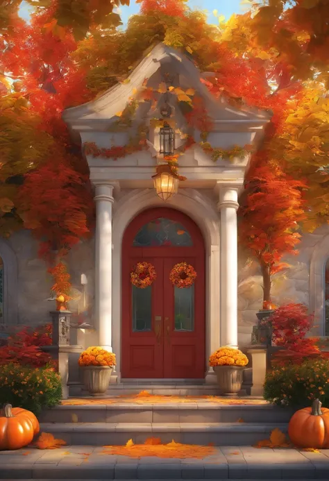 (best quality, ultra-detailed, realistic:1.37),HDR,UHD,studio lighting,extremely detailed church/house with autumn decoration,red and yellow plants, pumpkins,fall foliage,autumn leaves,impressive architectural design,golden sunlight pouring through stained...