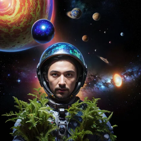 HD details, Close-up of a man in a spacesuit, planets in the background, psychedelic cosmic horror, psychedelic illustrations, cosmic space, plants growing, The world of psychosis, Background space graphic art, Cosmic illustration, cosmic space, cosmic lsd...