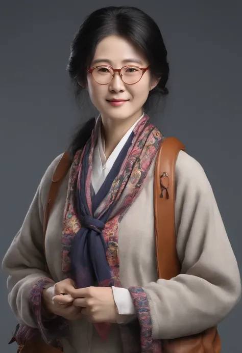 wears glasses、Shawl、Middle-aged female doctor carrying a school bag、Black hair，Sweaters，chineseidol、designer、Central Academy of Fine Arts、Yunnan