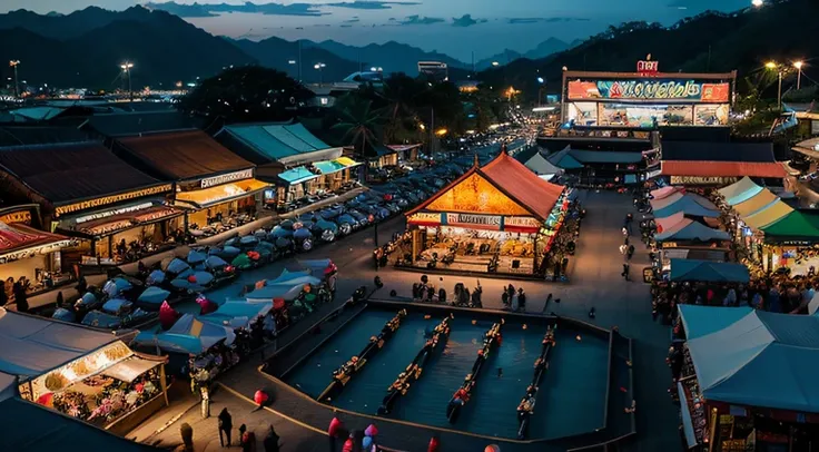 a hyper realistic photography of the an aerial view of Night Markets in Langkawi in Langkawi, no people, Nikon D850 DSLR 4k camera, 100mm lens, F 1.2 aperture setting, bright and natural lighting, vibrant, fun and relaxing atmosphere