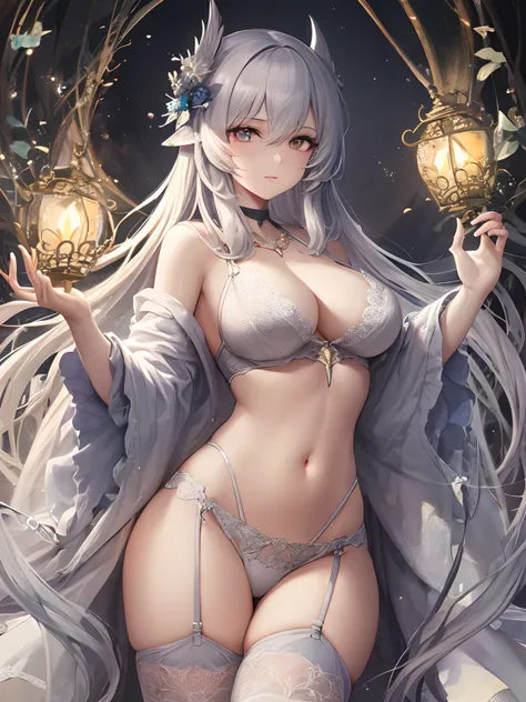 pixiv Competition Winner, Fantasy Art, Gray-haired, beautiful character painting, Guvez style artwork, Yukionnas dazzling gaze, guweiz, long white hair, Flowing hair and robes, cute large eyes, Illustrations, fine lines, dark colored，in ones underwear only...