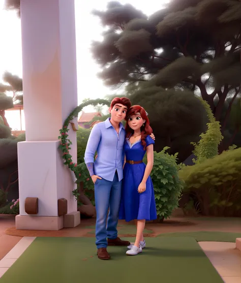 Casal (homem moreno e mulher branca) no estilo Disney Pixar, alta qualidade, melhor qualidade.