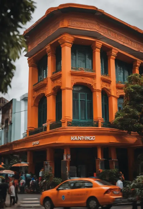 image of an orange post office, with name "KANTOR POS CIBINONG", in the city centre., Pixar, depth of field, bokeh, best quality