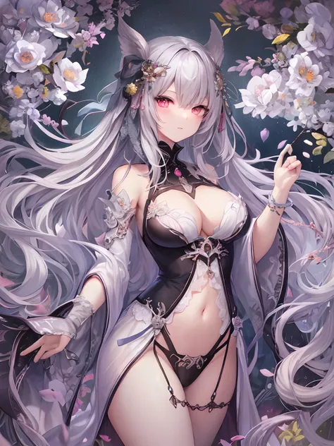 pixiv Competition Winner, Fantasy Art, Gray-haired, beautiful character painting, Guvez style artwork, Yukionnas dazzling gaze, guweiz, long white hair, Flowing hair and robes, cute large eyes, Illustrations, fine lines, dark colored，in ones underwear only...