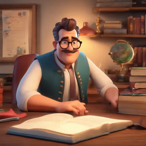 Create a Disney Pixar-inspired poster with the character of Pastor Rubens Janier, Un homme aux cheveux gris portant des lunettes, dans un bureau avec une Bible sur la table