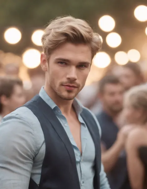 Photo of a gorgeous handsome Australian male, yeux bleus, boucle doreille, Light beard,Short messy hair windy light blonde, retourner les cheveux, zoomed in close-up in a tightly cropped portrait, Descendre un (Fashion Show at a Fashion Show Model Scene Pe...