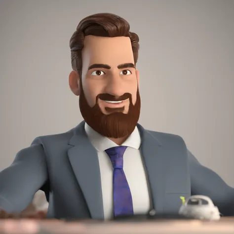 Criar um personagem no estilo Pixar. Trata-se de um homem de 30 anos, com barba, Branco, com cabelos castanhos curtos e um quiff, e olhos castanhos. Ele deve estar do lado de um trem, trabalha como engenheiro