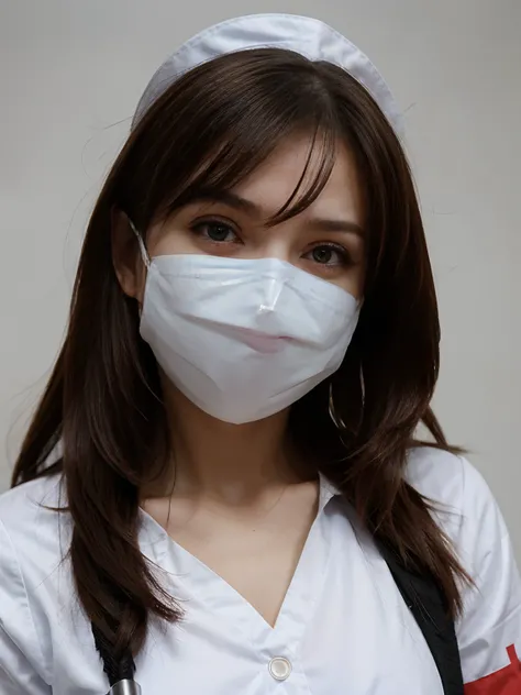 A girl dressed as a Russian nurse, with a mask on her face.