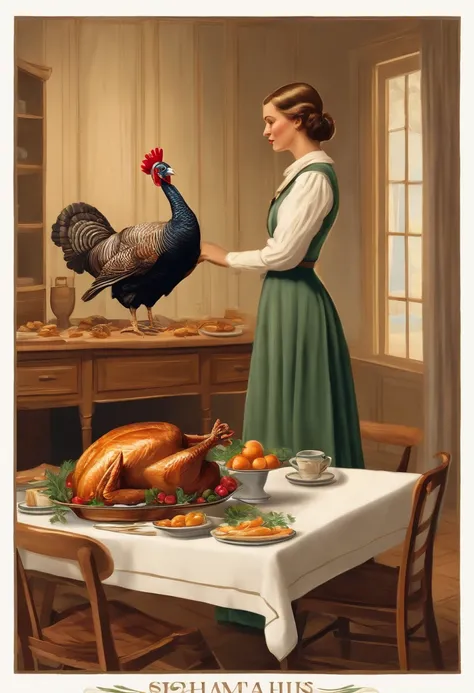 a woman standing in front of a table with a turkey on it, a storybook illustration by Mary Davis, 
Lady Davis, pixabay contest winner, synthetism, storybook illustration, flat shading, flickering light