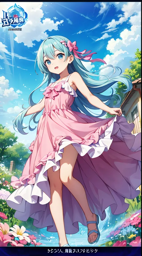 Anime girl in pink dress with flowers, Light blue long hair、Twin-tailed、Cute anime waifu in a nice dress, loli in dress, rem rezero, offcial art, Anime princess, Lori, beatrice blue, zerochan art, royal elegant pose, official artwork, splash art anime loli...