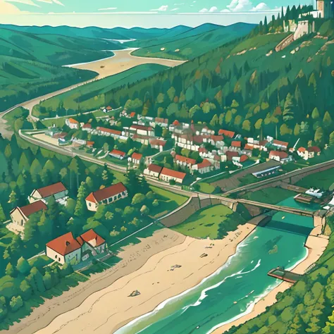 Large coastal medieval town, taiga forest, overhead view,