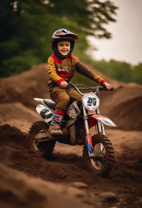 A 5-year-old boy sitting on top of a rock behind a mini motocross bike on a mud track