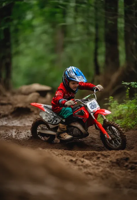 A 5-year-old boy sitting on top of a rock behind a mini motocross bike on a mud track