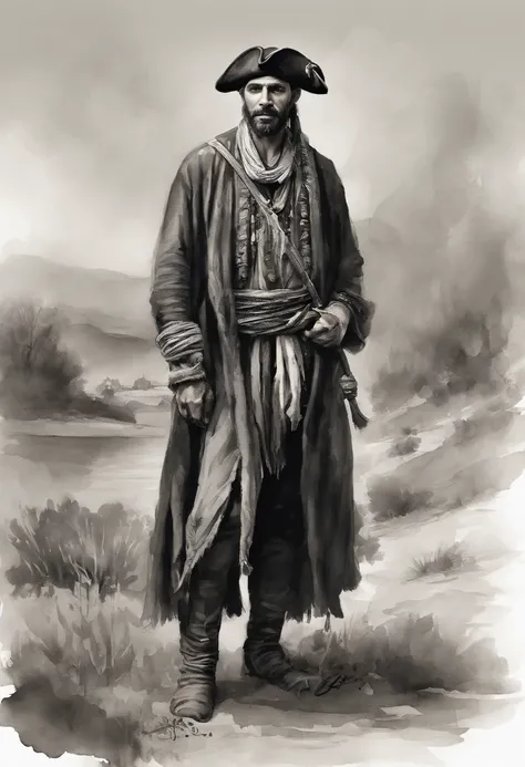 arte em preto e branco, A gypsy man in typical black pirate robes without a hat, belas paisagens, grande profundidade de campo, Arte Digital, obra prima, Qualidade UHD". RPG, monocromatic