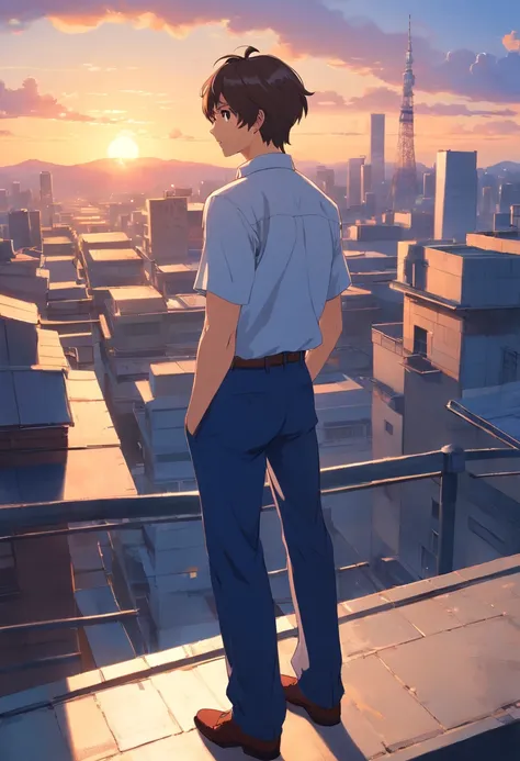 Japanese anime man with very short hairstyle, short hair, a little beard on his chin, 40 years old, full body, wearing a dark blue set-up, white shirt, rooftop of a building with sunset view