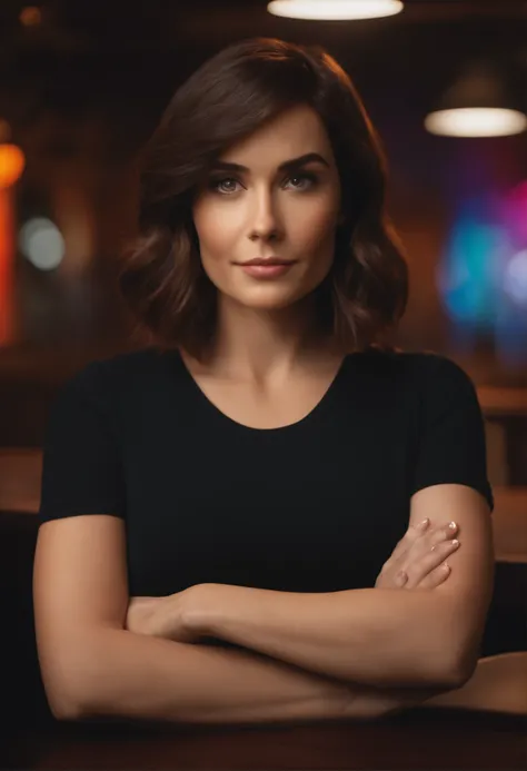 filme Marketing 2023 estilo filmes Pixar, Com nome "N - Marketing", poster, With short, lighter brunette hair and a black t-shirt in front of her crossed arms.