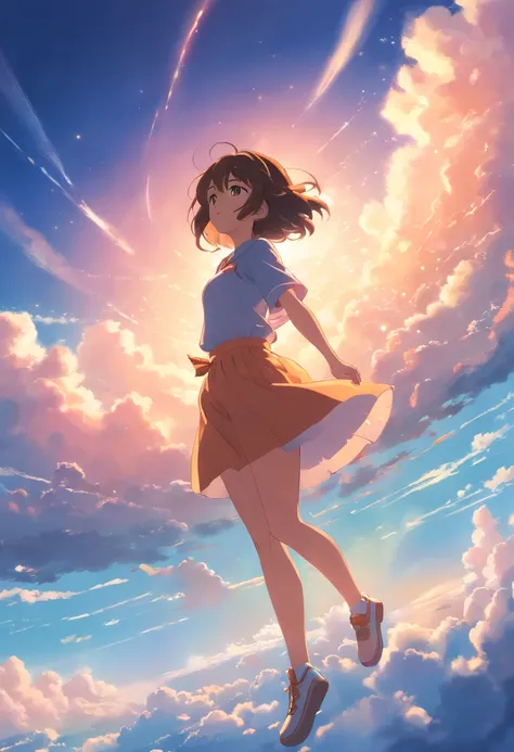 masterpiece, best quality, movie still, 1girl, cloud girl, floating in the sky, close-up, bright, happy, warm soft lighting, sunset, (sparks:0.7), massive breasts, bottom heavy