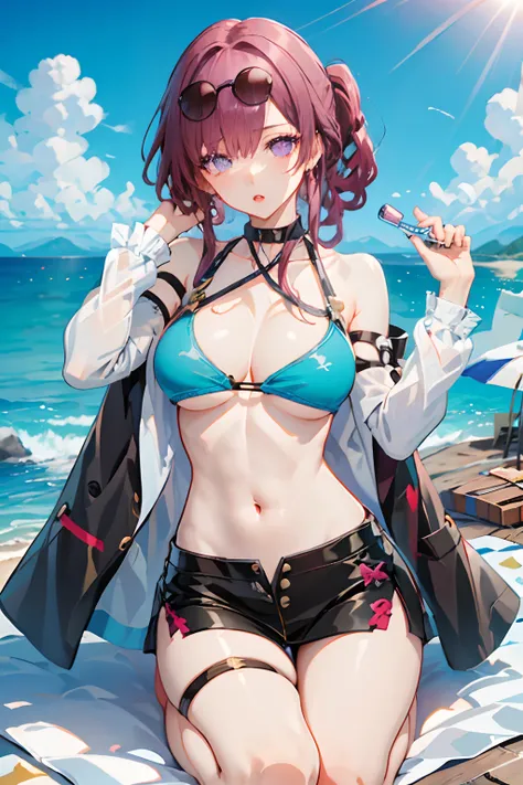 8k, highres, ultra detailed, (masterpiece:1.4), 2 girls , alcohol , bare shoulders , beach , bikini , black bikini , black skirt , blue sky , blush , cleavage , eyewear on head , large breasts , long hair , looking at viewer , miniskirt , navel , open mout...