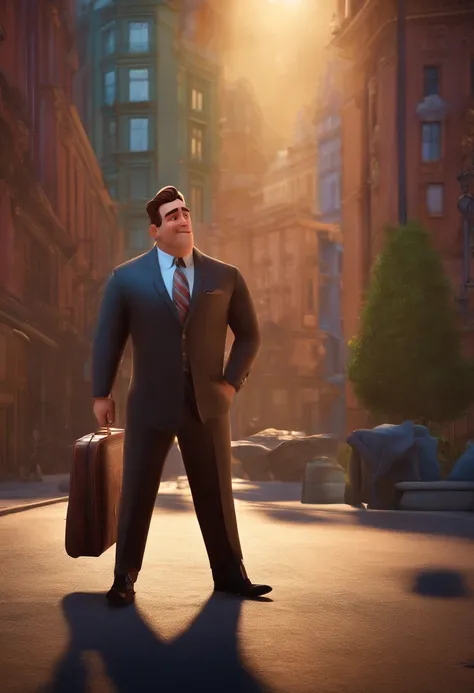 A city councilman looking at a dream project inspired by Pixar animation, de perto. The character takes center stage with captivating facial expressions, oferecendo um toque de irrealidade