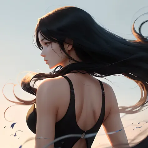 Long black hair
Cool woman with hair blowing in the wind
Turn around
Upper body
lady
Sharp eyes
Black and blue background
anime