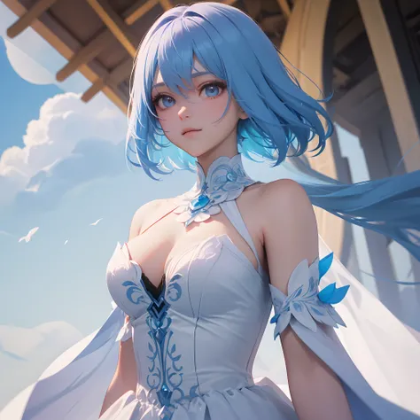 (8K, RAW photos, Top quality, Highly detailed CG unity 8K wallpaper, Masterpiece: 1.2), Girl, light blue beautiful hair, Floating in the sky, Cloud Girl, Clouds, (Close-up: 1.1), Bright, Happy, fun, Soft lighting, (bauhause, Shape, Line, abstracted: 1.2) C...