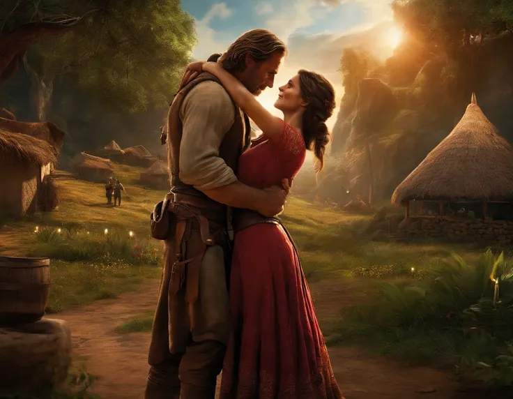 Create an image that captures the magical bond that forms between Lara and John as they return to the village and the entire population celebrates