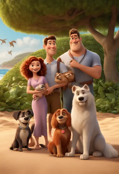 a Disney Pixar movie poster showing a white-skinned family. The father is the tallest, Tem barba curta, castanho, short, prickly hair and is slightly overweight. Mom has eyes and hair with highlights, na altura dos ombros  A menina tem 3 anos e cabelos cas...