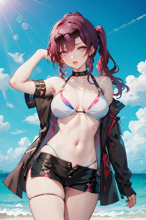 8k, highres, ultra detailed, (masterpiece:1.4), 2 girls , alcohol , bare shoulders , beach , bikini , black bikini , black skirt , blue sky , blush , cleavage , eyewear on head , large breasts , long hair , looking at viewer , miniskirt , navel , open mout...