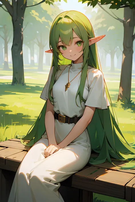 White anime girl, long green hair, green eyes, elf ears, golden small necklace, long plain white dress, leather belt, barefoot, smiling face, looking to the viewer, sitting on a wooden stool, camera view in front of her, grass field, forest background.